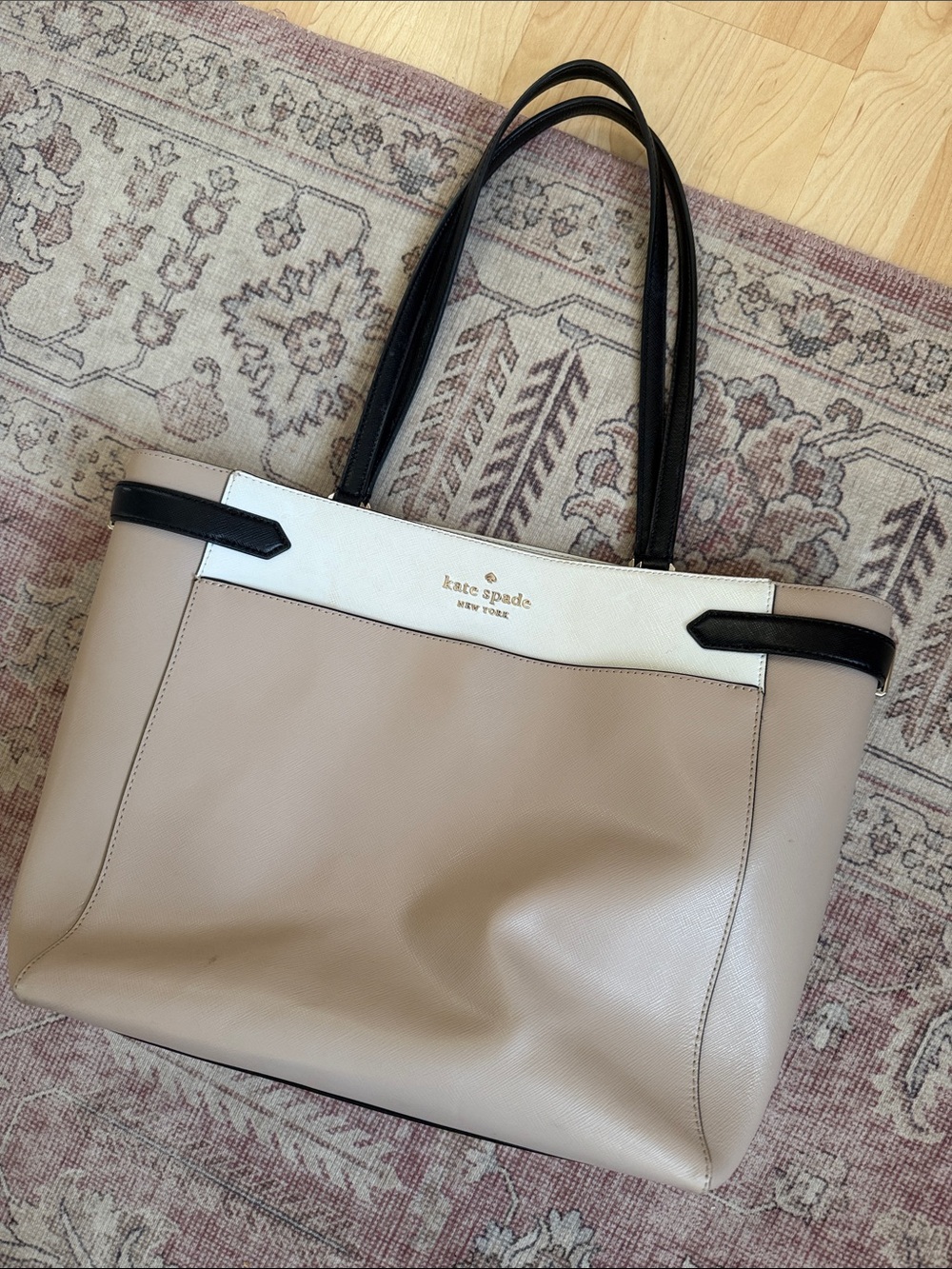 kate spade Beige and White Tote with Black Handles